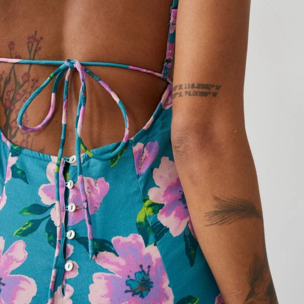 NWT FREE PEOPLE FINER THINGS TEAL FLORAL STRAPPY BOHO MIDI SUNDRESS M - Picture 2 of 10